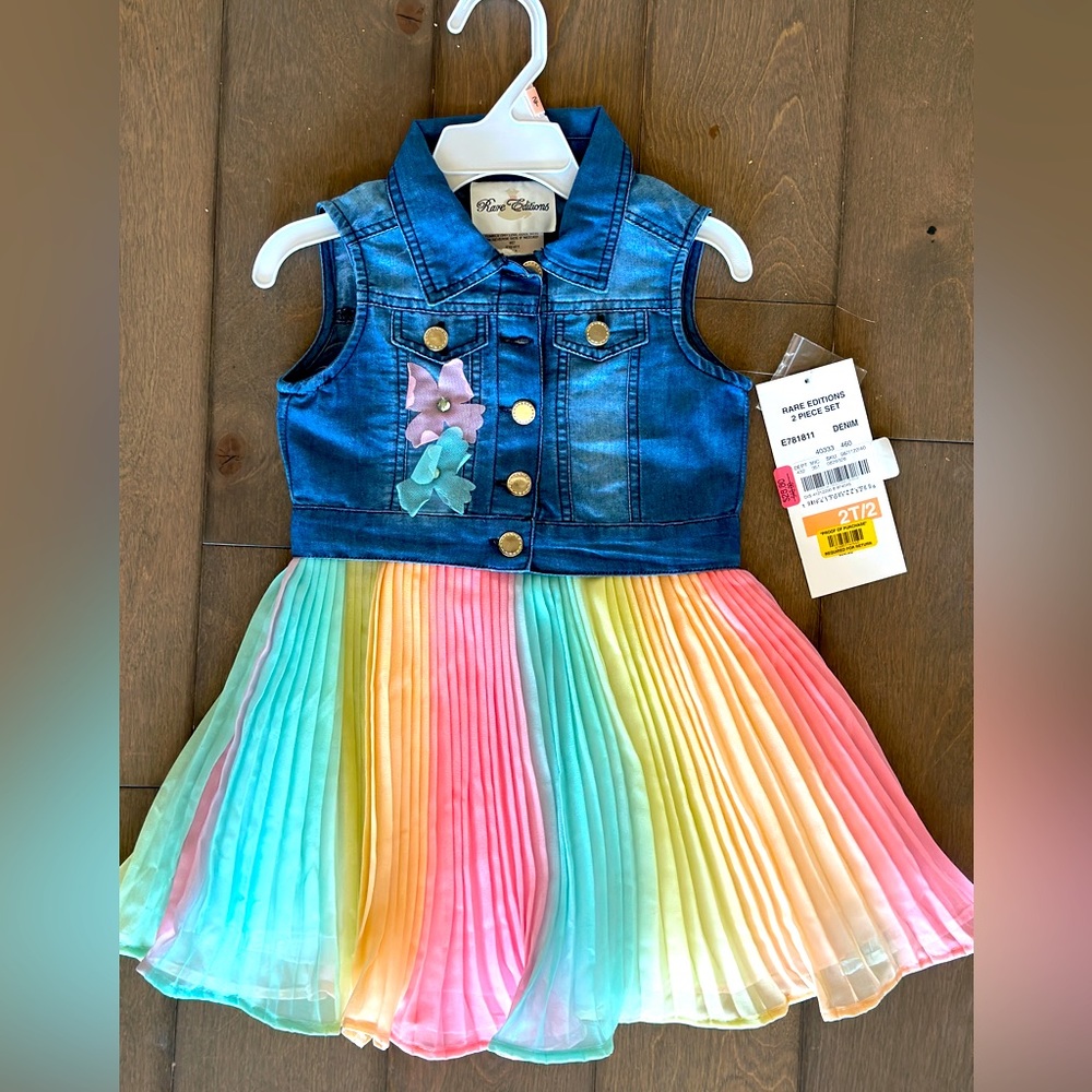 Rare Editions rainbow dress with denim vest